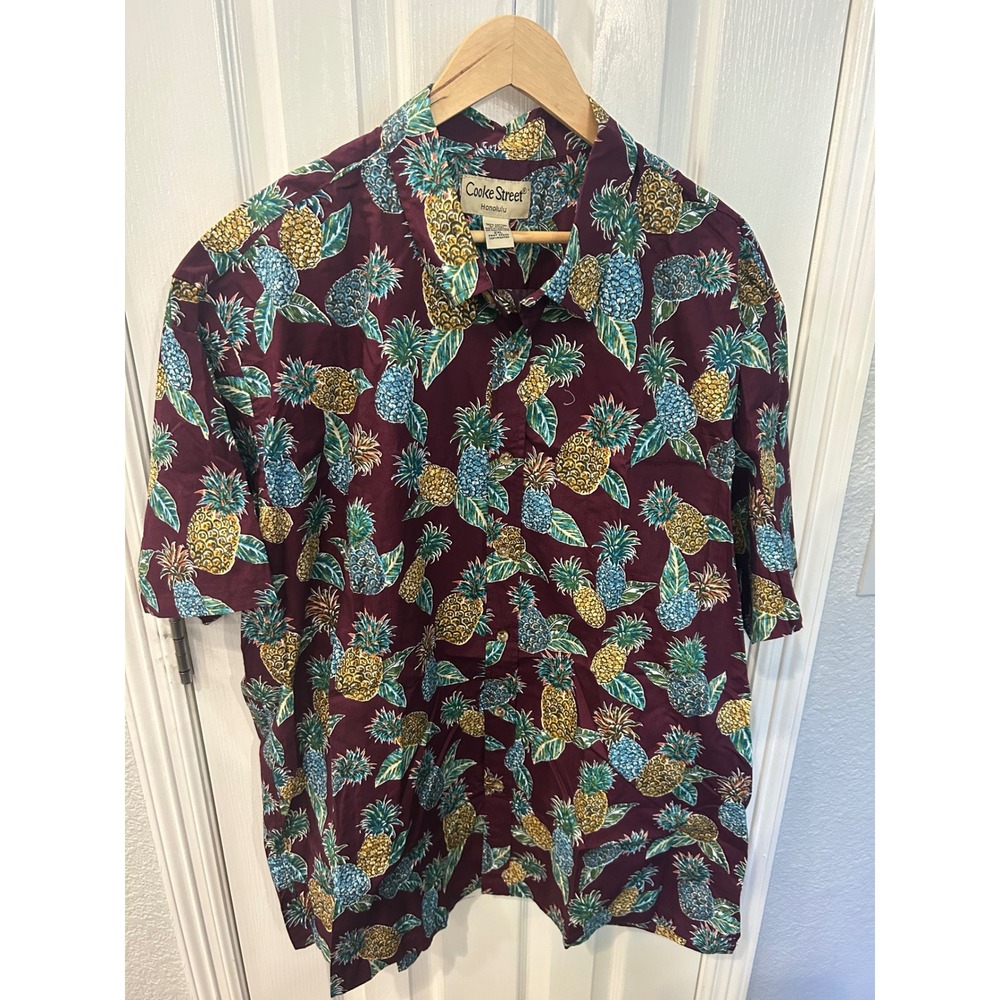 Cooke Street Button Down Shirt Burgundy Pineapple Print Cotton Hawaiian Aloha